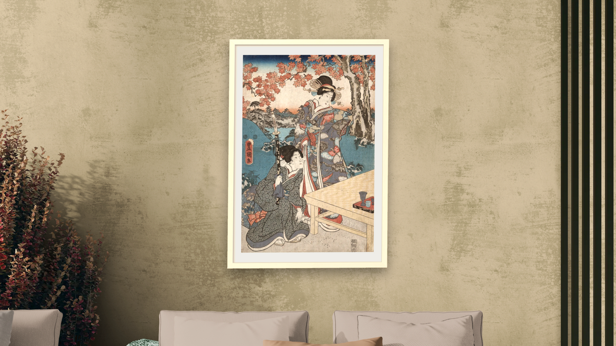 Court ladies gathering maple leaves by Utagawa Toyokuni, shown at 28 × 42 in (71.1 × 106.7 cm) in Ramino Opaque White, living