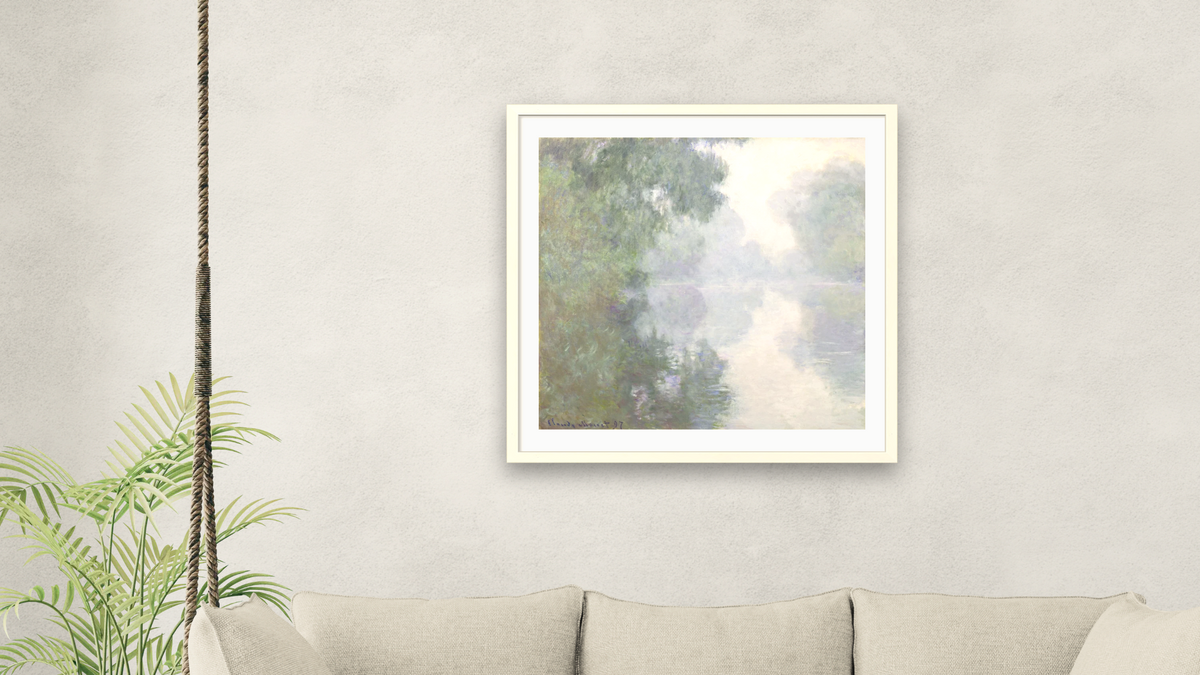 The Seine at Giverny, Morning Mists by Claude Monet, shown at 32 × 32 in (81.3 × 81.3 cm) in Ramino Opaque White, living