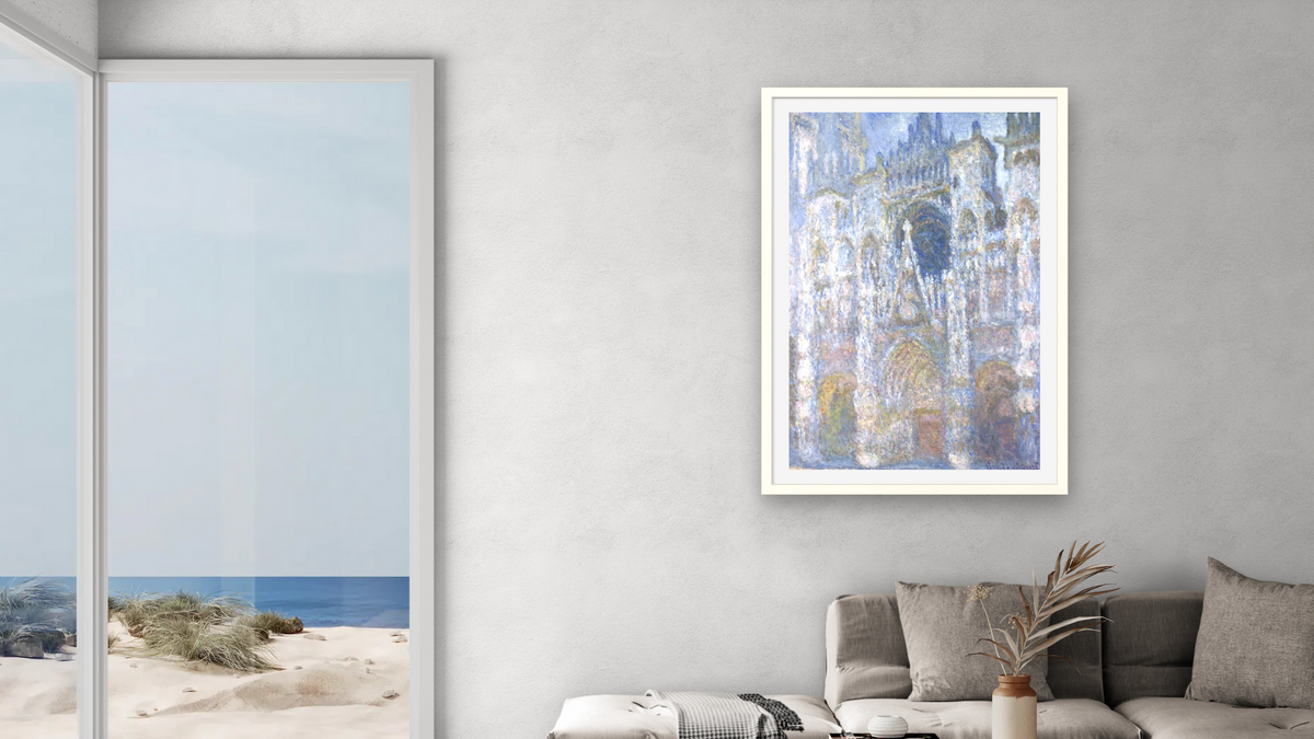 Rouen Cathedral, Blue Harmony, Morning Sunlight by Claude Monet, shown at 28 × 42 in (71.1 × 106.7 cm) in Ramino Opaque White, living