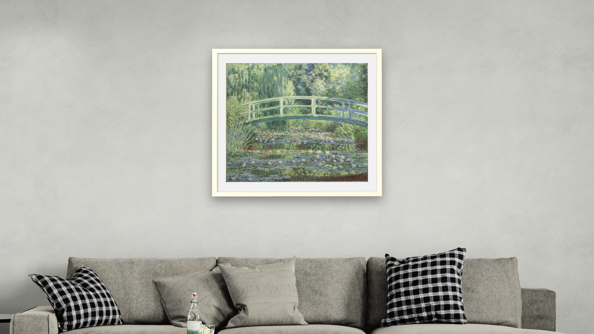 Water Lilies and Japanese Bridge by Claude Monet, shown at 32 × 32 in (81.3 × 81.3 cm) in Ramino Opaque White, living