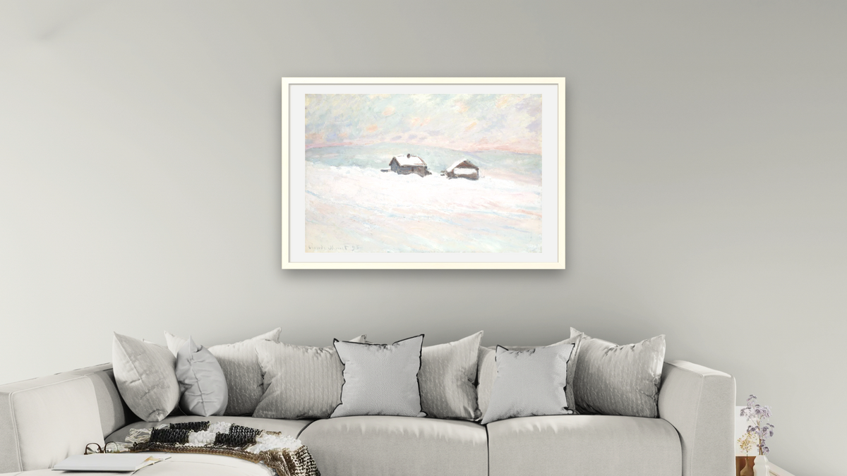 The Houses in the Snow, Norway by Claude Monet, shown at 28 × 42 in (71.1 × 106.7 cm) in Ramino Opaque White, living