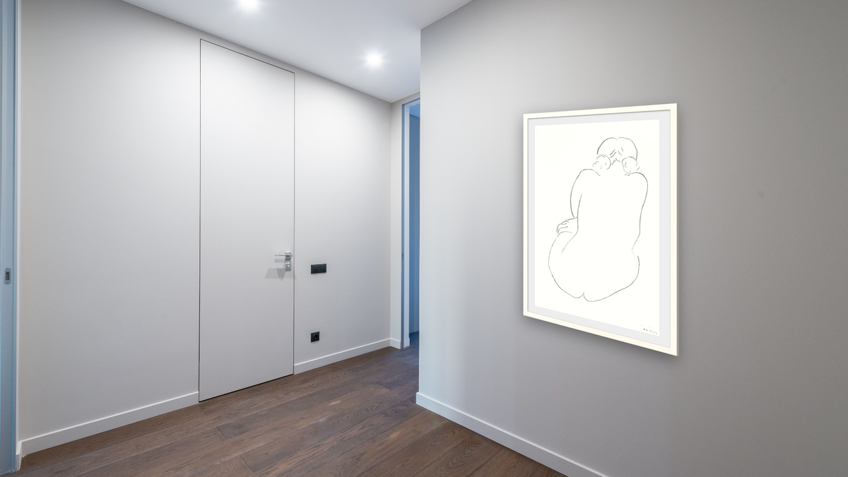 Seated Nude, Viewed from Behind (Nu assis, vu de dos) by Henri Matisse, shown at 28 × 42 in (71.1 × 106.7 cm) in Ramino Opaque White, hallway
