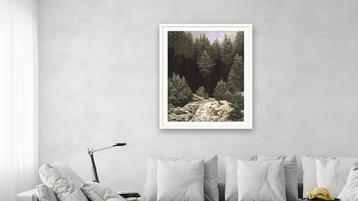 Early Snow by Caspar David Friedrich, shown at 32 × 40 in (81.3 × 101.6 cm) in Ramino Opaque White, living