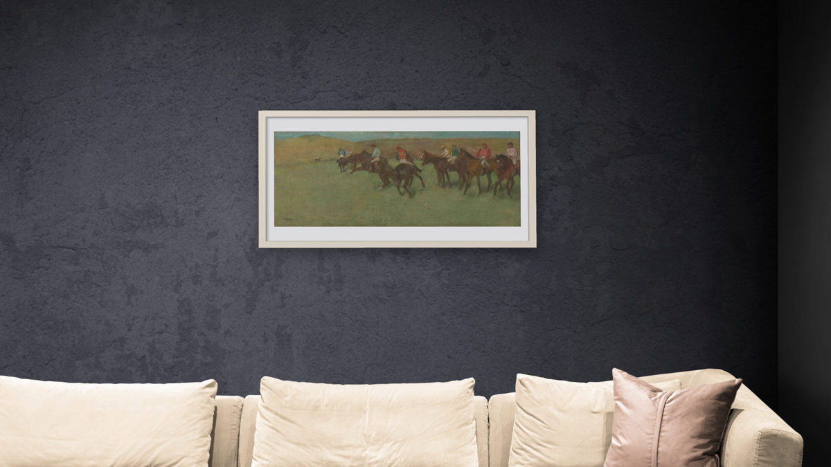 At the Races: Before the Start by Edgar Degas, shown at 20 × 40 in (50.8 × 101.6 cm) in Ramino Opaque White, living