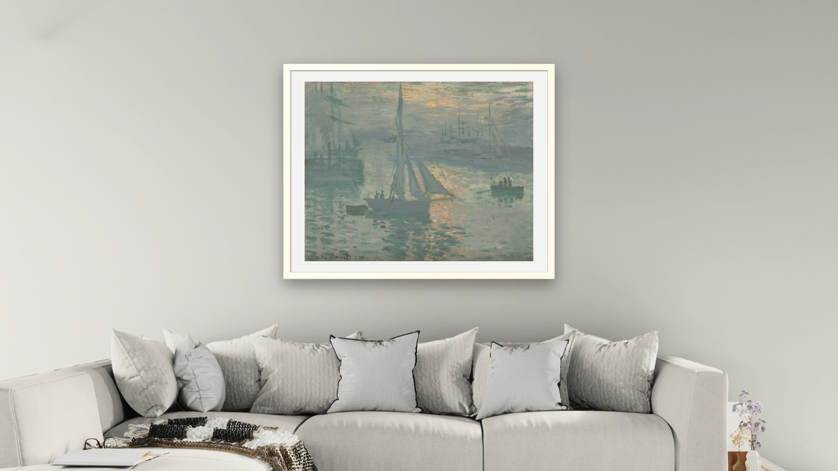 Sunrise (Marine) by Claude Monet, shown at 32 × 40 in (81.3 × 101.6 cm) in Ramino Opaque White, living