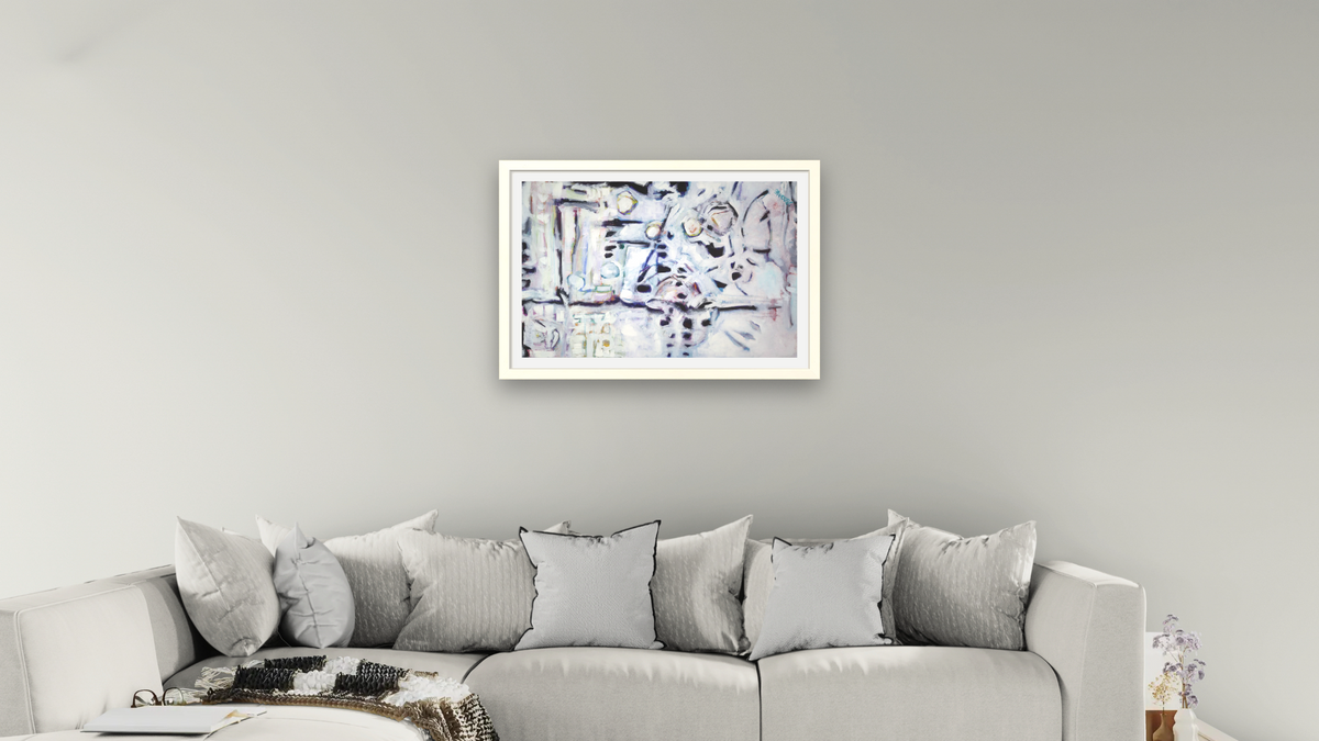Its Never Black and White by Diane Boone, shown at 20 × 30 in (50.8 × 76.2 cm) in Ramino Opaque White, living