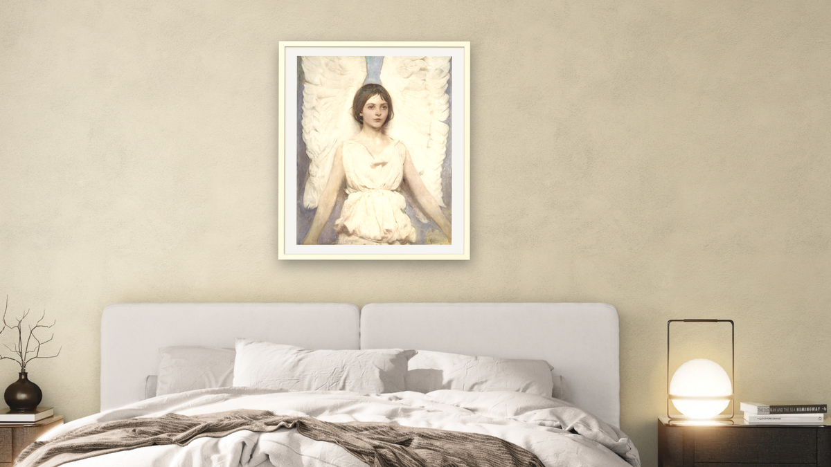 Angel by Abbott Handerson Thayer, shown at 32 × 40 in (81.3 × 101.6 cm) in Ramino Opaque White, bedroom
