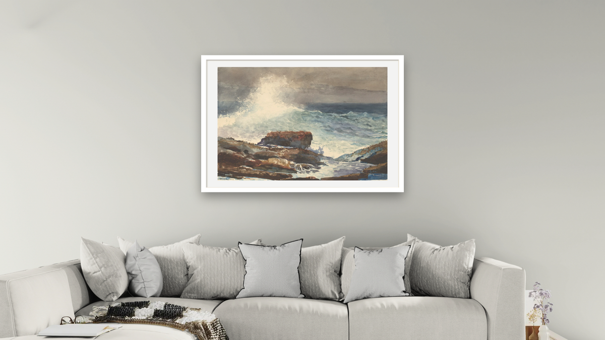 Incoming Tide, Scarboro, Maine by Winslow Homer, shown at 28 × 42 in (71.1 × 106.7 cm) in Ramino Opaque White, living