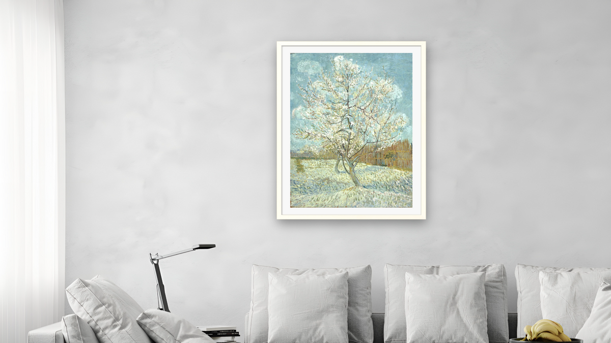The Pink Peach Tree by Vincent van Gogh, shown at 30 × 40 in (76.2 × 101.6 cm) in Ramino Opaque White, living