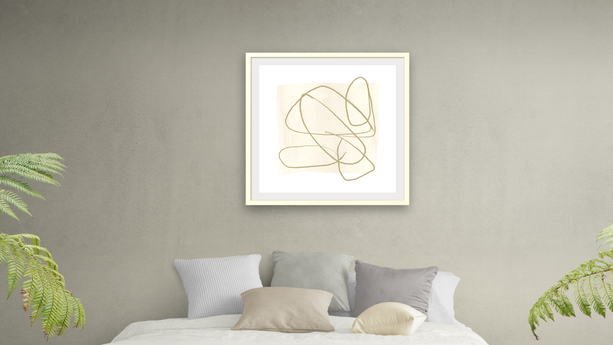 Touch 1 by Dan Hobday, shown at 32 × 32 in (81.3 × 81.3 cm) in Ramino Opaque White, bedroom