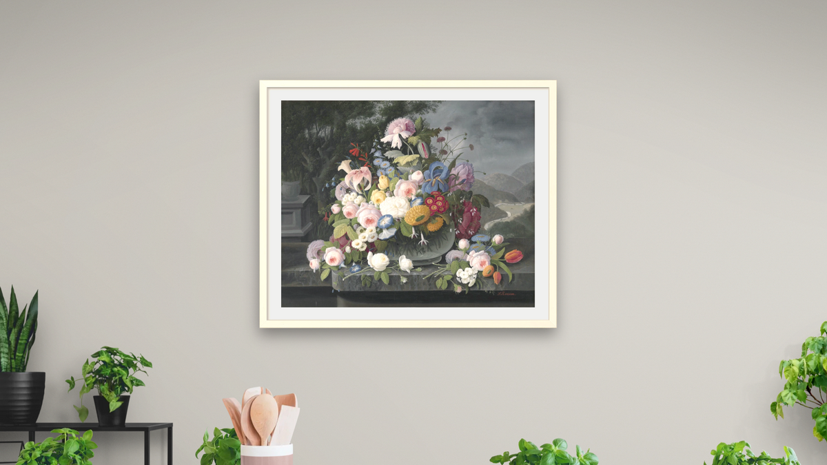 Still Life with Flowers and a Landscape by Severin Roesen, shown at 32 × 40 in (81.3 × 101.6 cm) in Ramino Opaque White, dining
