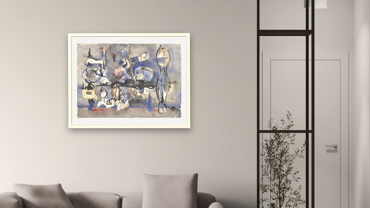 Abstract Composition in Blue, Black, Gray, Red, and Yellow by Mark Rothko, shown at 30 × 40 in (76.2 × 101.6 cm) in Ramino Opaque White, living