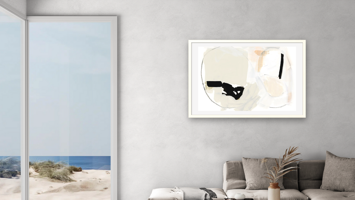 Apart by Dan Hobday, shown at 28 × 42 in (71.1 × 106.7 cm) in Ramino Opaque White, living