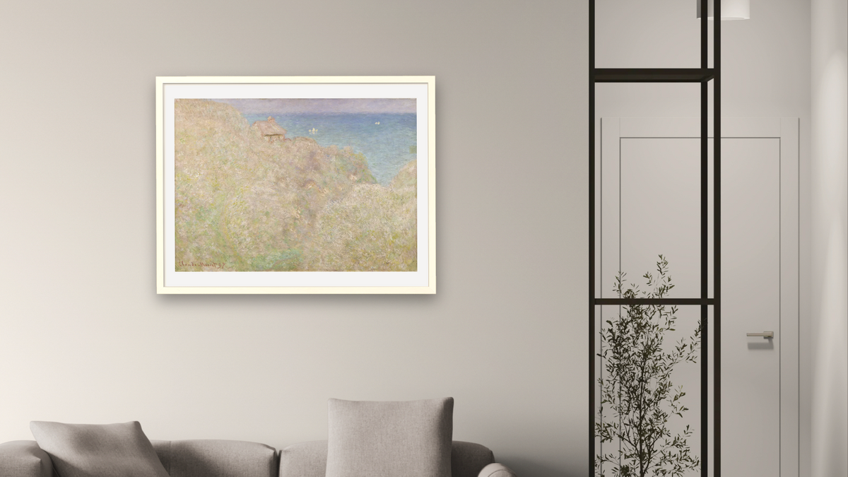 Cliffs at Varengeville by Claude Monet, shown at 30 × 40 in (76.2 × 101.6 cm) in Ramino Opaque White, living