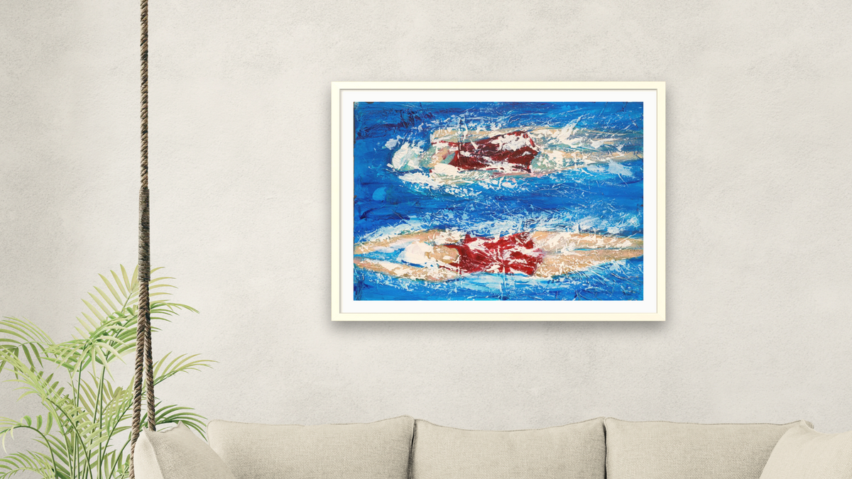 We'll See by Dobee Snowber, shown at 30 × 40 in (76.2 × 101.6 cm) in Ramino Opaque White, living