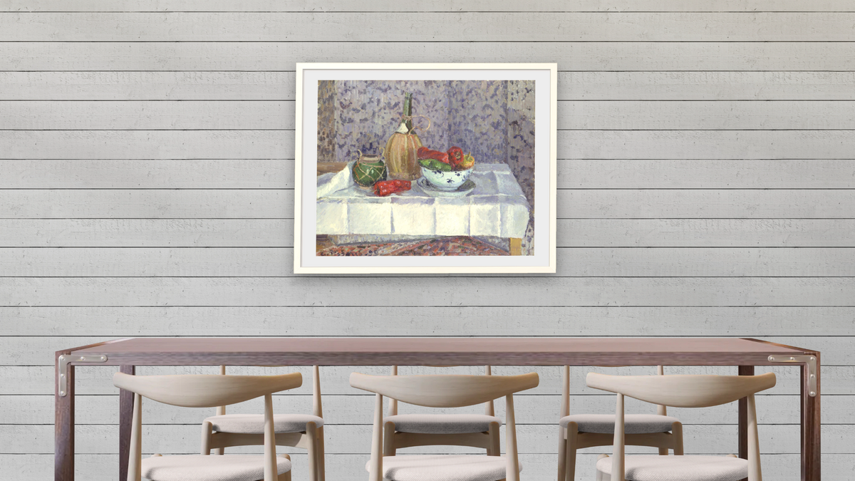 Still Life with Peppers by Camille Pissarro, shown at 32 × 40 in (81.3 × 101.6 cm) in Ramino Opaque White, dining