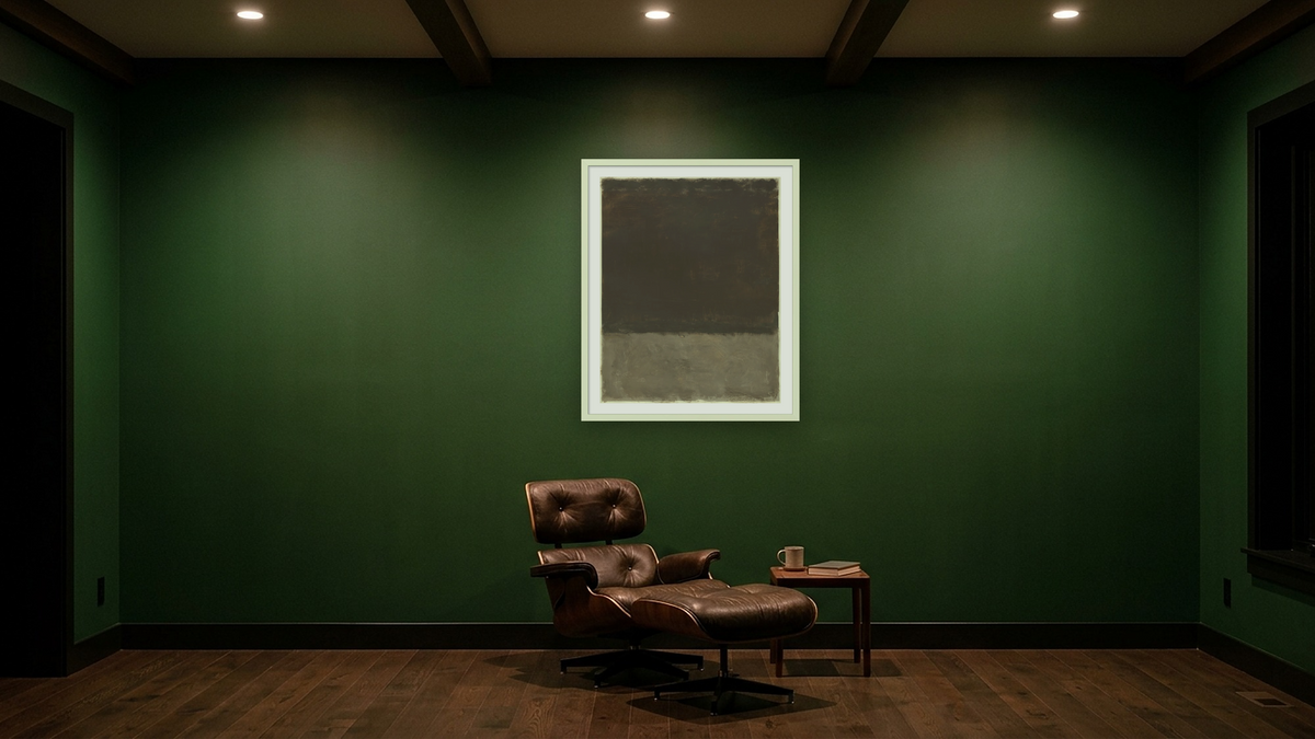 Untitled (Brown and gray) by Mark Rothko, shown at 32 × 40 in (81.3 × 101.6 cm) in Ramino Opaque White, den