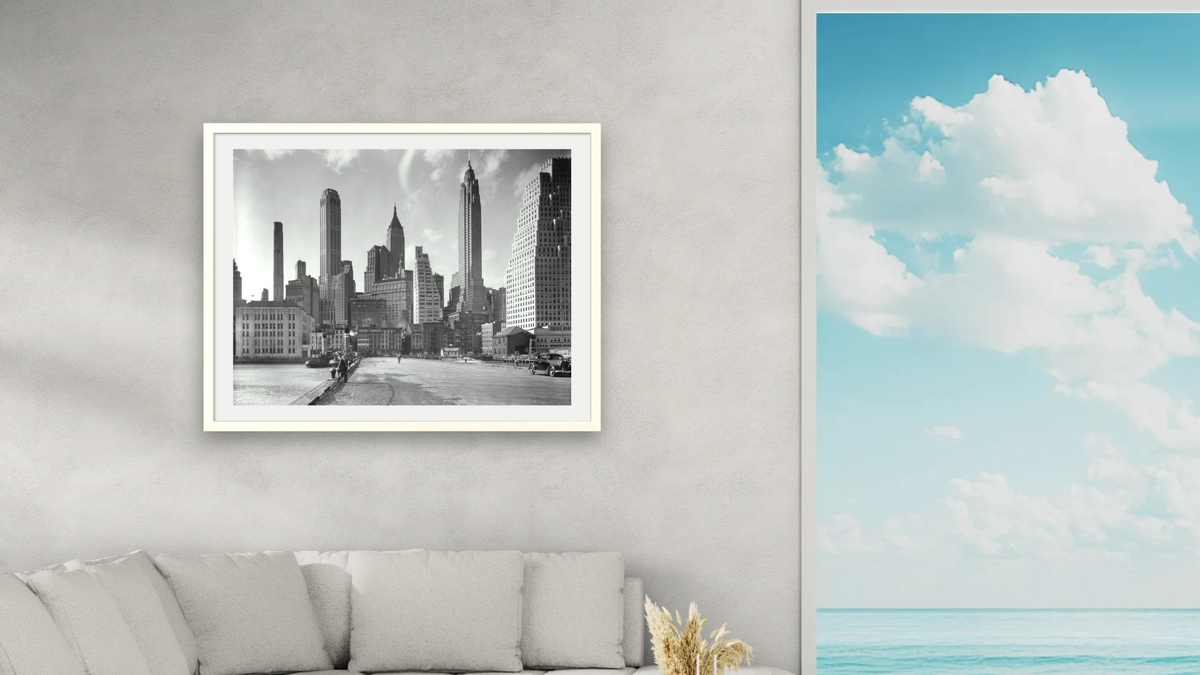 Manhattan Skyline: I. South Street and Jones Lane, Manhattan by Berenice Abbott, shown at 30 × 40 in (76.2 × 101.6 cm) in Ramino Opaque White, living