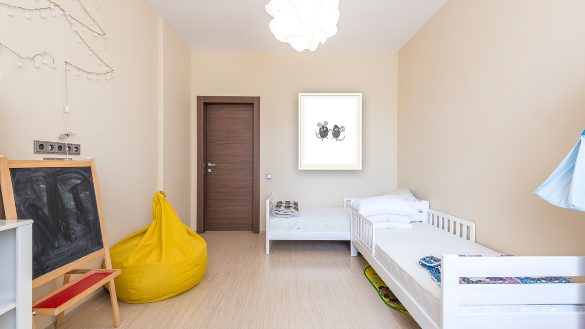 Alexander and the Wind-Up Mouse XV by Leo Lionni, shown at 32 × 40 in (81.3 × 101.6 cm) in Ramino Opaque White, kids' room
