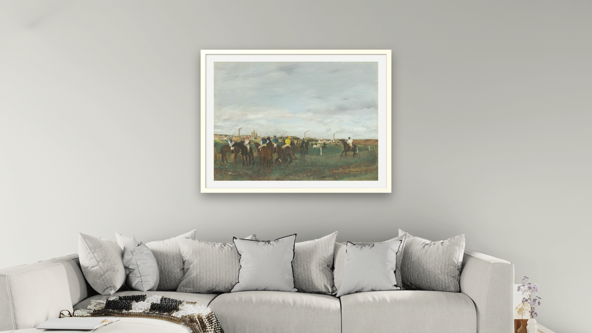 The Races by Edgar Degas, shown at 30 × 40 in (76.2 × 101.6 cm) in Ramino Opaque White, living