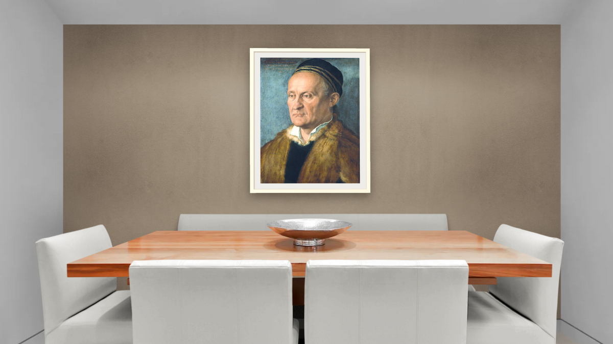 Portrait of Jakob Muffel by Albrecht Dürer, shown at 30 × 40 in (76.2 × 101.6 cm) in Ramino Opaque White, dining