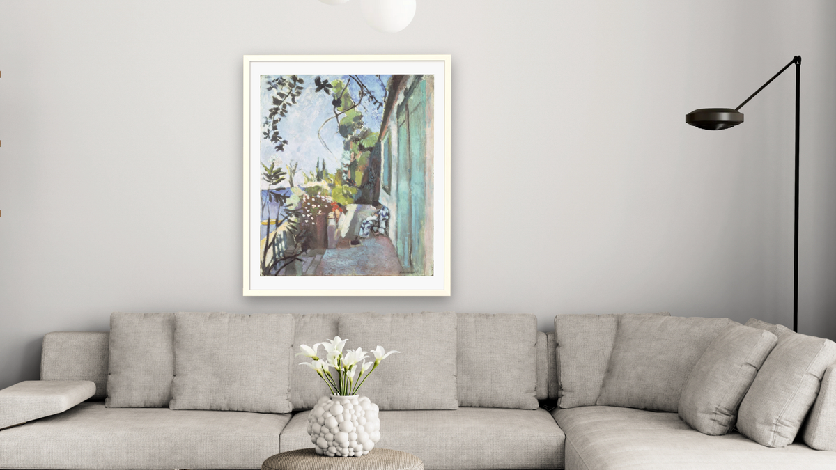 The Terrace, St. Tropez by Henri Matisse, shown at 32 × 40 in (81.3 × 101.6 cm) in Ramino Opaque White, living