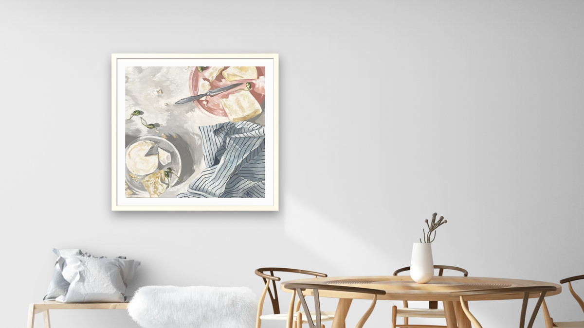 Cheese and More Cheese, shown at 32 × 32 in (81.3 × 81.3 cm) in Ramino Opaque White, dining