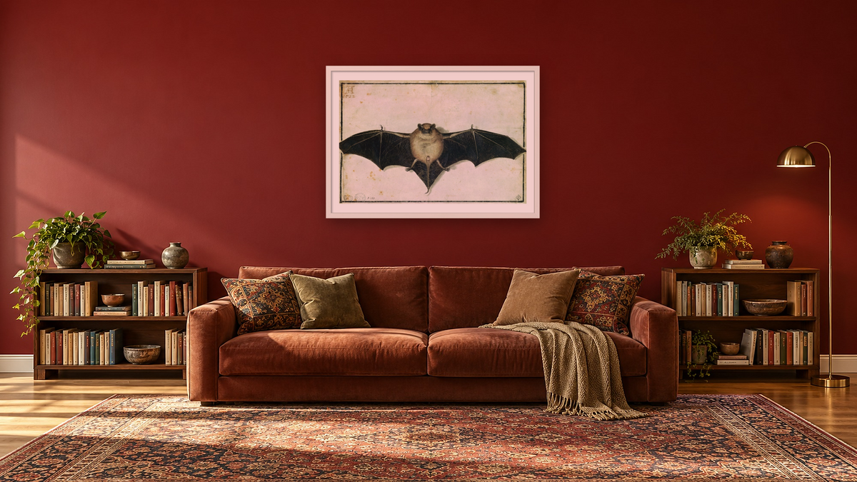 Bat by Albrecht Dürer, shown at 28 × 42 in (71.1 × 106.7 cm) in Ramino Opaque White, library