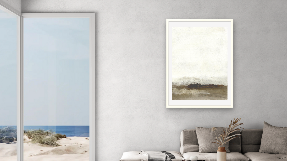 Away From Hear 2 by Dan Hobday, shown at 28 × 42 in (71.1 × 106.7 cm) in Ramino Opaque White, living