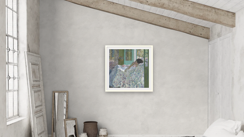 Afternoon Yellow Room by Frederick Carl Frieseke, shown at 32 × 32 in (81.3 × 81.3 cm) in Ramino Opaque White, bedroom [arteriel-render:v6:room_a:32x32@53,50]