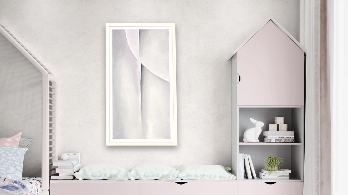 Line and Curve by Georgia O'Keeffe, shown at 20 × 40 in (50.8 × 101.6 cm) in Ramino Opaque White, bedroom