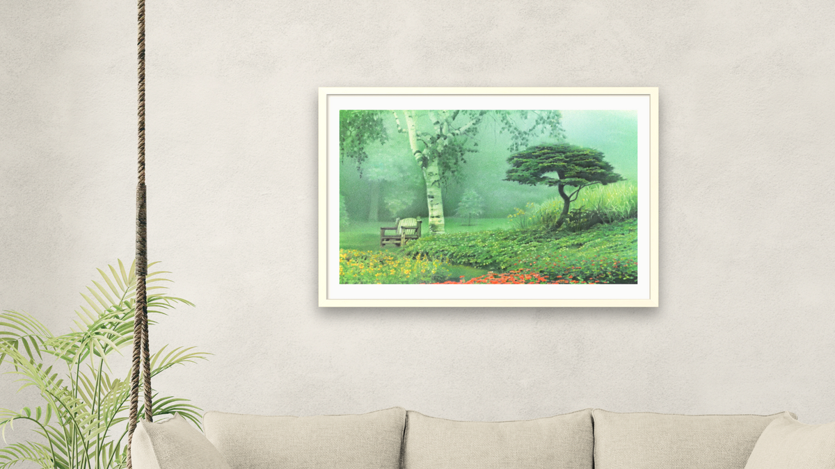 Misty Morning by Kirsten Söderlind, shown at 28 × 42 in (71.1 × 106.7 cm) in Ramino Opaque White, living