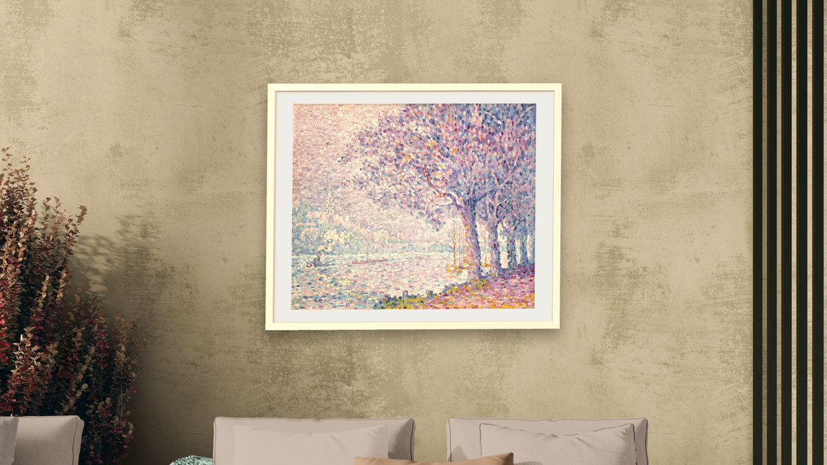The Seine at St. Cloud by Paul Signac, shown at 32 × 40 in (81.3 × 101.6 cm) in Ramino Opaque White, living