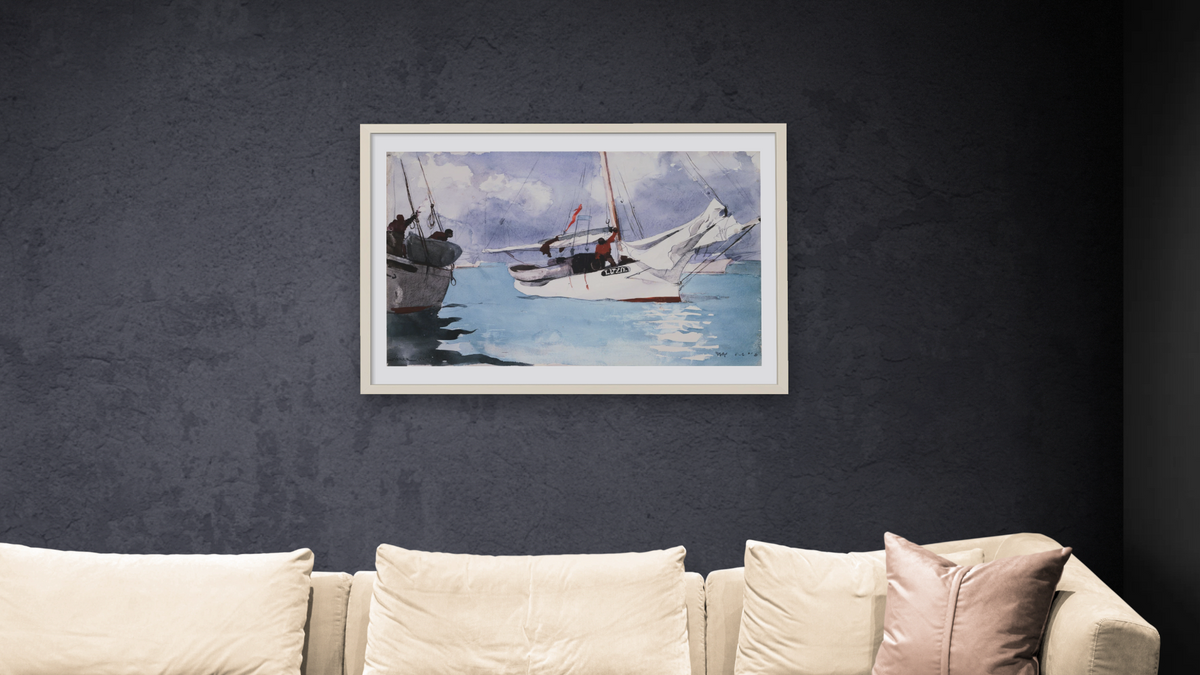 Fishing Boats, Key West by Winslow Homer, shown at 28 × 42 in (71.1 × 106.7 cm) in Ramino Opaque White, living