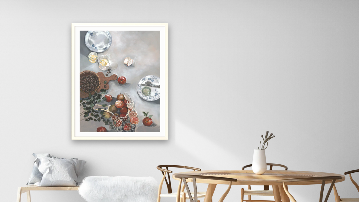 How Do You Like These Apples by Catherine Gerke, shown at 30 × 40 in (76.2 × 101.6 cm) in Ramino Opaque White, dining