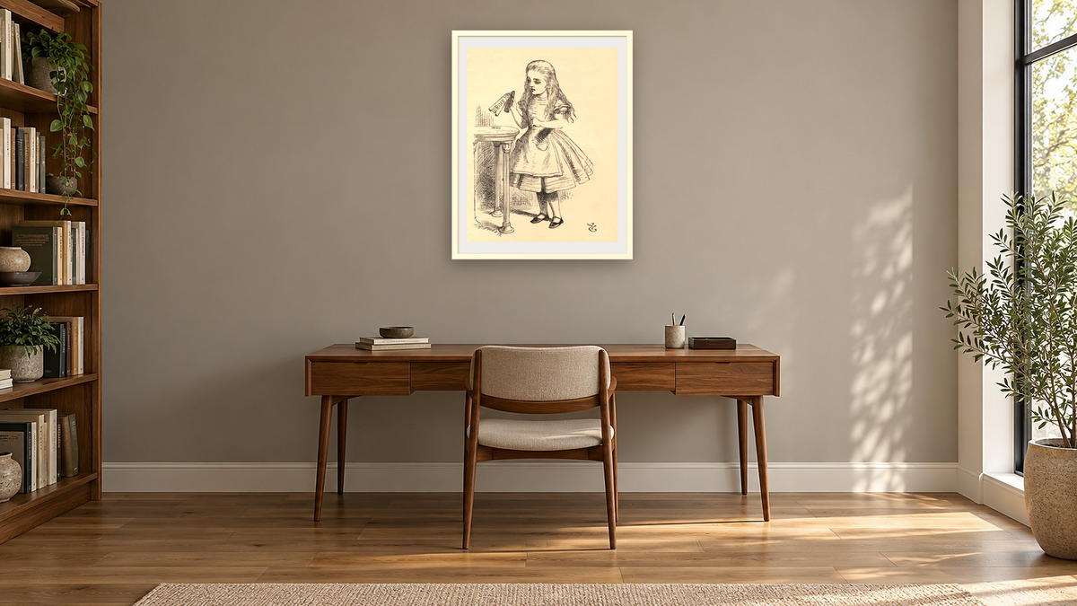 Alice peering at the Drink Me bottle, from 'Alice's Adventures in Wonderland' by Lewis Carroll by John Tenniel, shown at 30 × 40 in (76.2 × 101.6 cm) in Ramino Opaque White, library