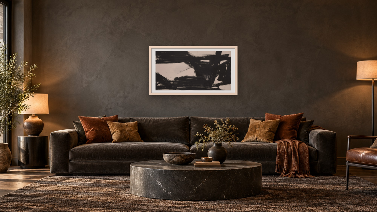 Harleman by Franz Kline, shown at 20 × 40 in (50.8 × 101.6 cm) in Ramino Opaque White, den