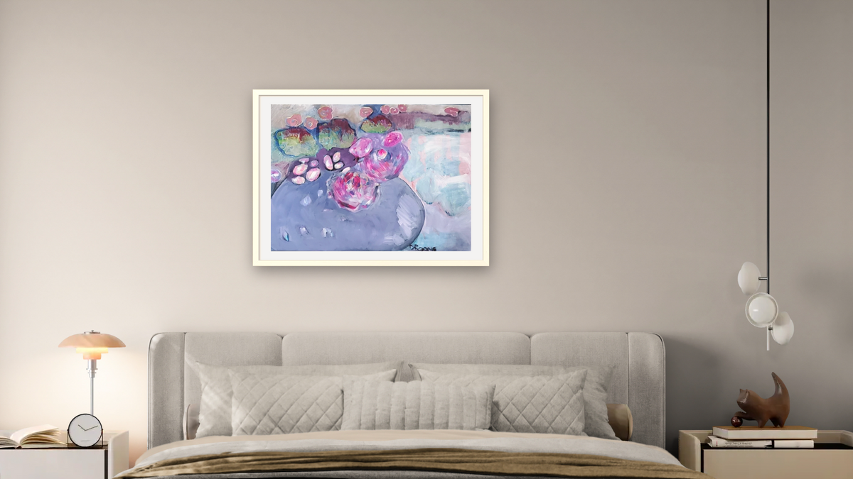 Pink Poppies by Diane Boone, shown at 30 × 40 in (76.2 × 101.6 cm) in Ramino Opaque White, bedroom