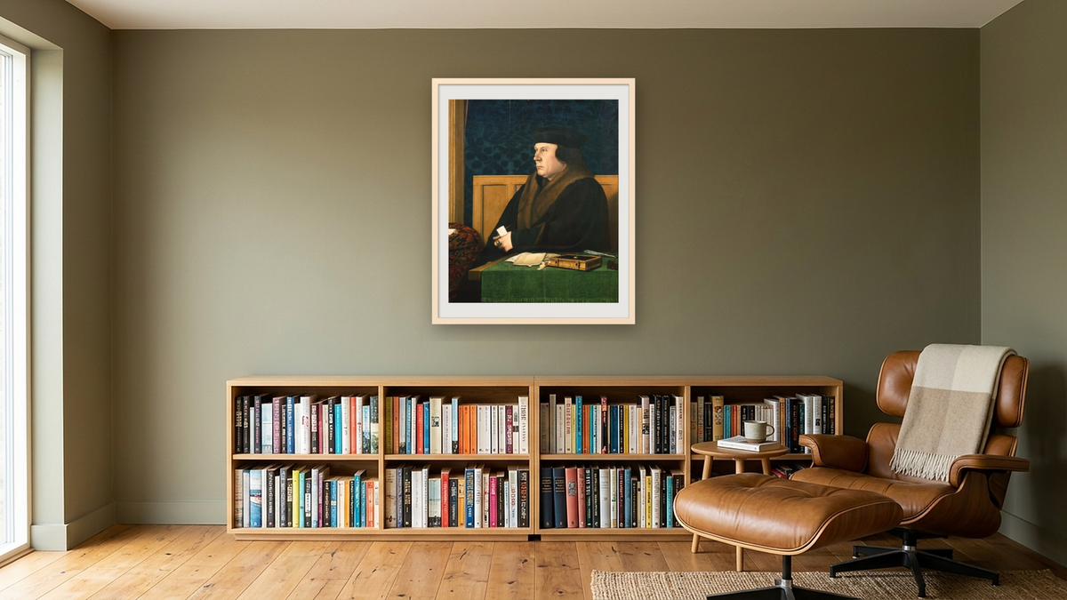 Portrait of Thomas Cromwell by Hans Holbein the Younger, shown at 32 × 40 in (81.3 × 101.6 cm) in Ramino Opaque White, library