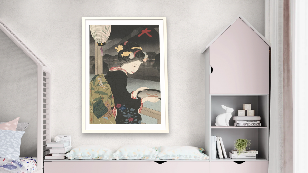 Evening at Kiyamachi during the Daimonji Festival (Daimonji no yoru Kiyomachi) by Miki Suizan, shown at 28 × 42 in (71.1 × 106.7 cm) in Ramino Opaque White, bedroom