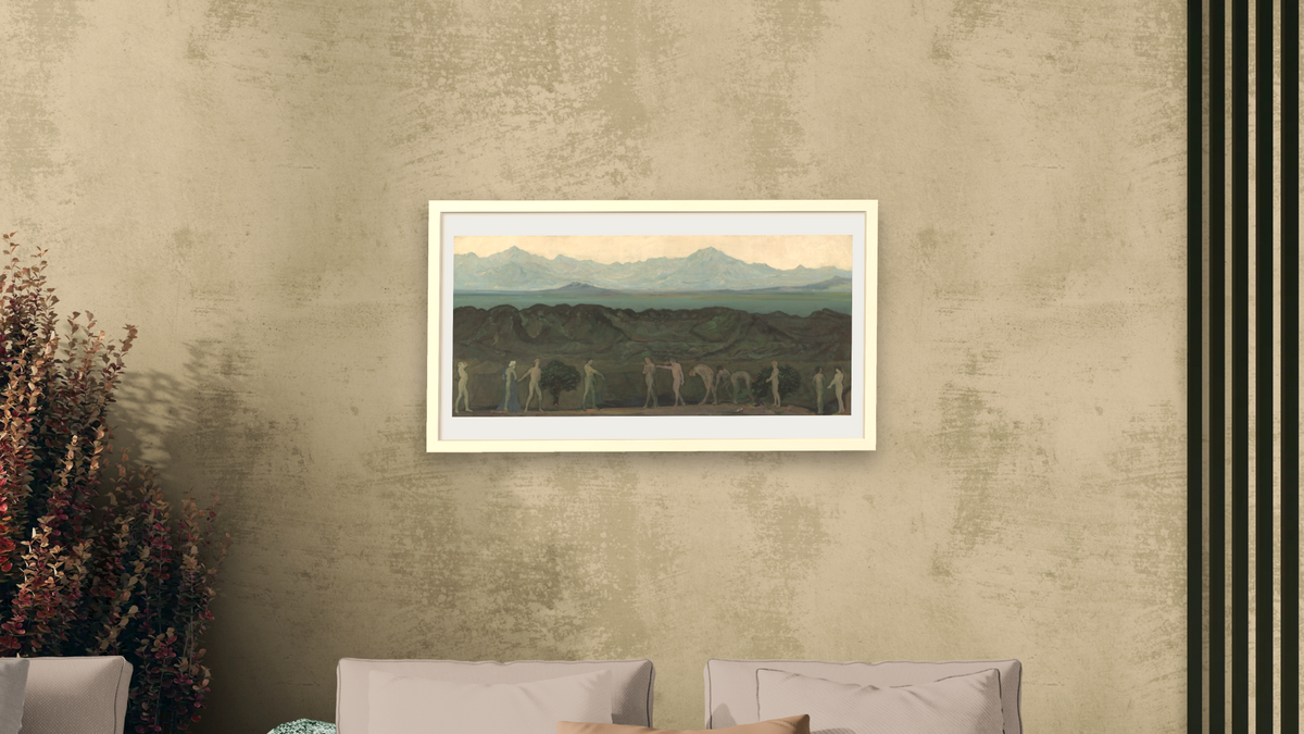 Line of Mountains by Arthur Bowen Davies, shown at 20 × 40 in (50.8 × 101.6 cm) in Ramino Opaque White, living