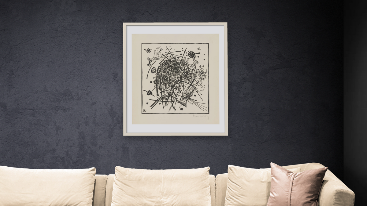 Kleine Welten VIII (Small Worlds VIII), from the portfolio Kleinen Welten (Small Worlds) by Wassily Kandinsky, shown at 32 × 40 in (81.3 × 101.6 cm) in Ramino Opaque White, living