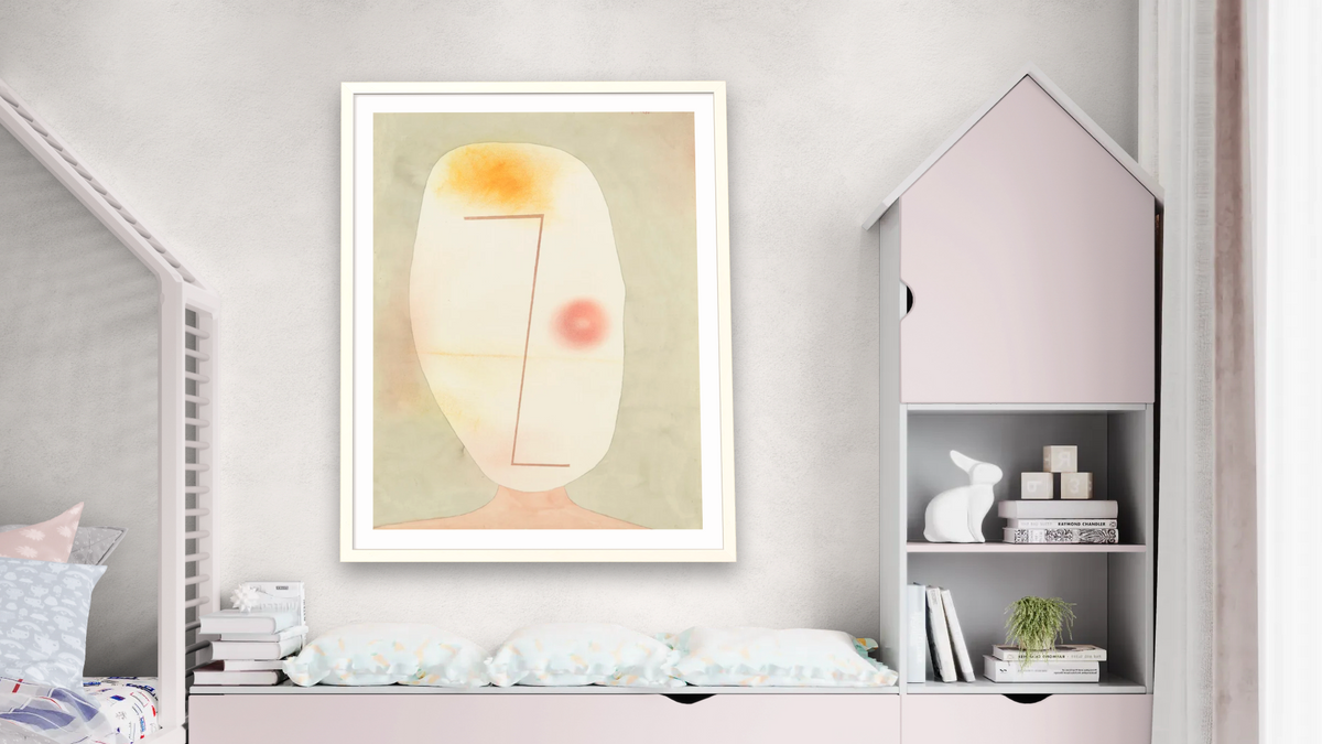 Untitled (Kopf) by Paul Klee, shown at 30 × 40 in (76.2 × 101.6 cm) in Ramino Opaque White, bedroom