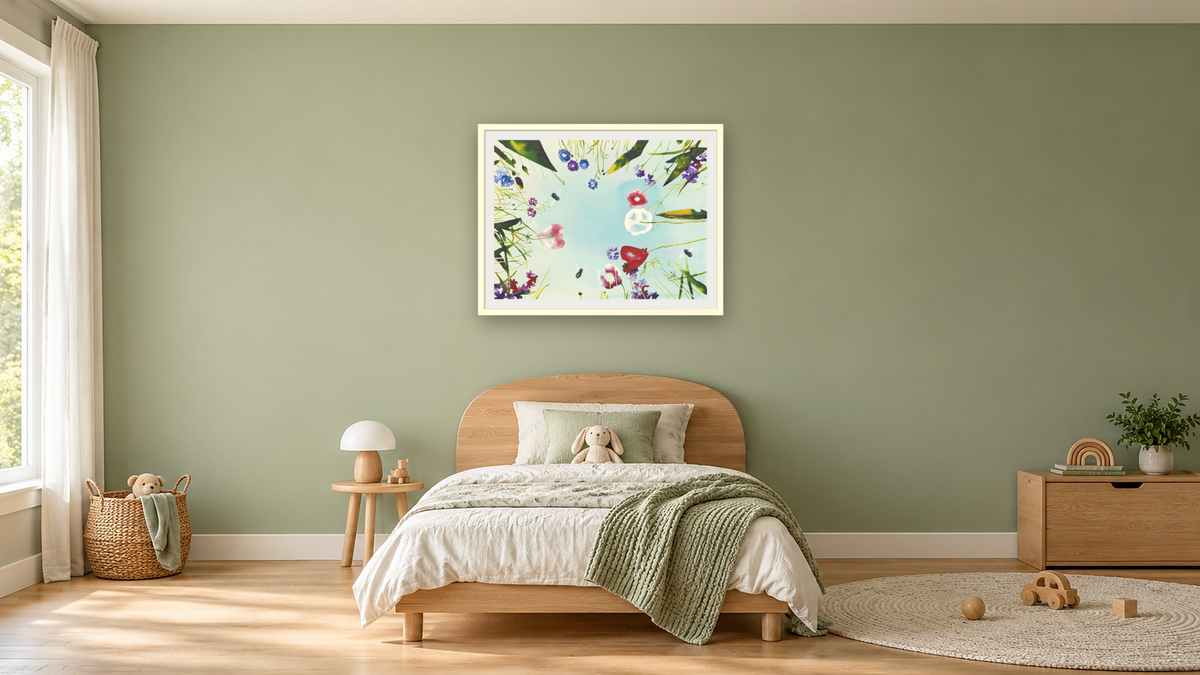 Pasture by Alexis Rockman, shown at 30 × 40 in (76.2 × 101.6 cm) in Ramino Opaque White, kids' room