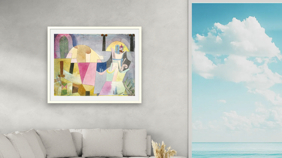 Black Columns in a Landscape by Paul Klee, shown at 32 × 40 in (81.3 × 101.6 cm) in Ramino Opaque White, living