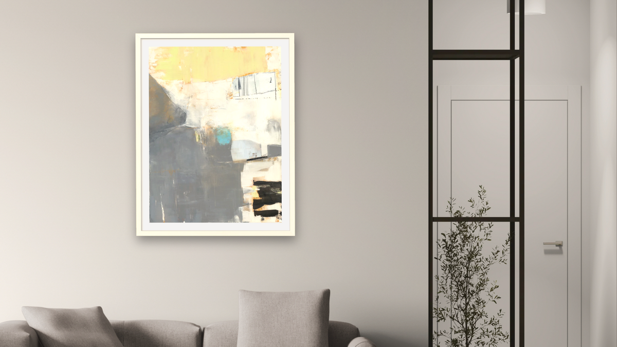 Blue Spot by Louise Gaskill, shown at 30 × 40 in (76.2 × 101.6 cm) in Ramino Opaque White, living
