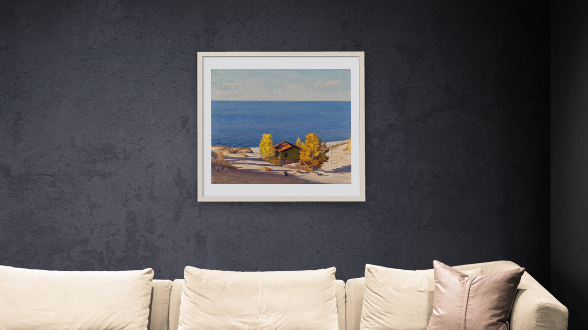 A Sunny Autumn Day by Frank V. Dudley, shown at 32 × 32 in (81.3 × 81.3 cm) in Ramino Opaque White, living