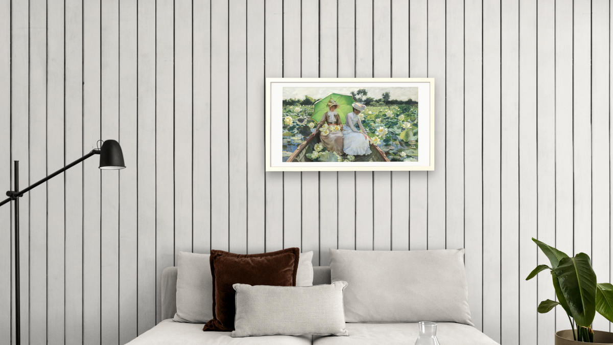 Lotus Lilies by Charles Courtney Curran, shown at 20 × 40 in (50.8 × 101.6 cm) in Ramino Opaque White, living