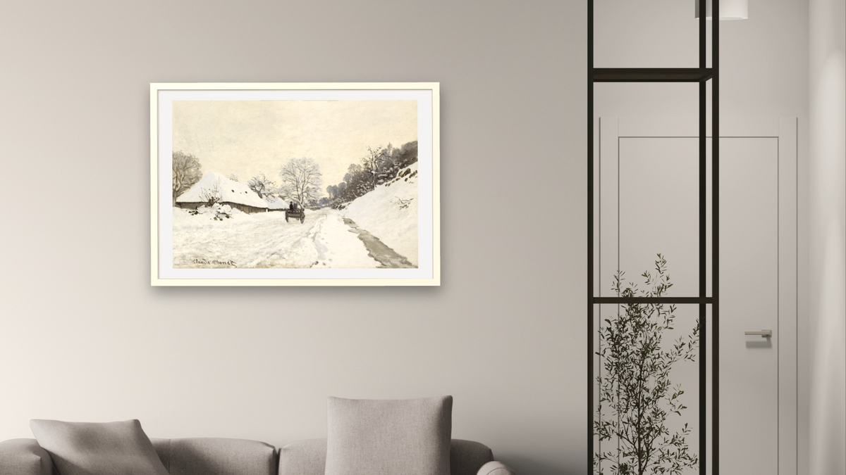 La Charrette. Route sous la neige a Honfleur, avec la ferme Saint Simeon by Claude Monet, shown at 28 × 42 in (71.1 × 106.7 cm) in Ramino Opaque White, living