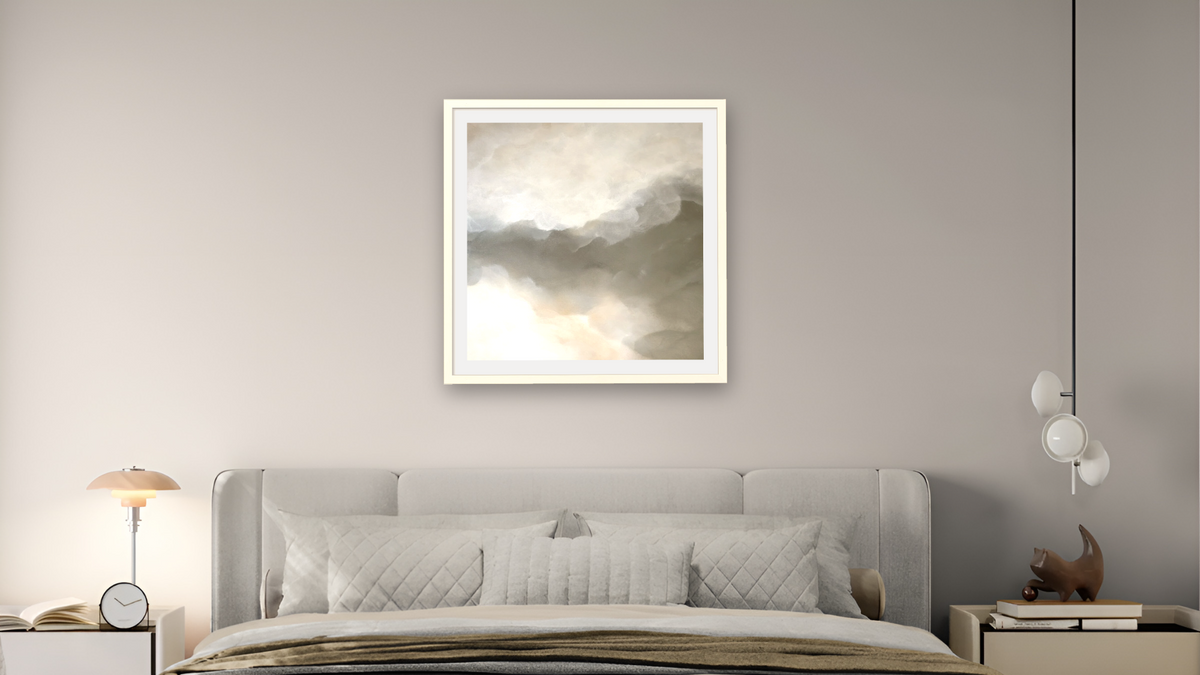 Above Set 2 by Dan Hobday, shown at 32 × 32 in (81.3 × 81.3 cm) in Ramino Opaque White, bedroom